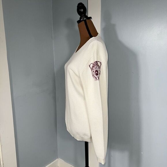 CM White Waffle Texture Long Sleeve Pullover Top White with Knit Tigers Women’s - Picture 8 of 10